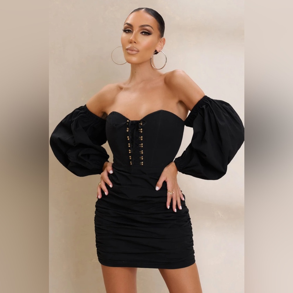 Club L London - Next Level | Black Bardot Corset Mini Dress - US 2 / BLACK